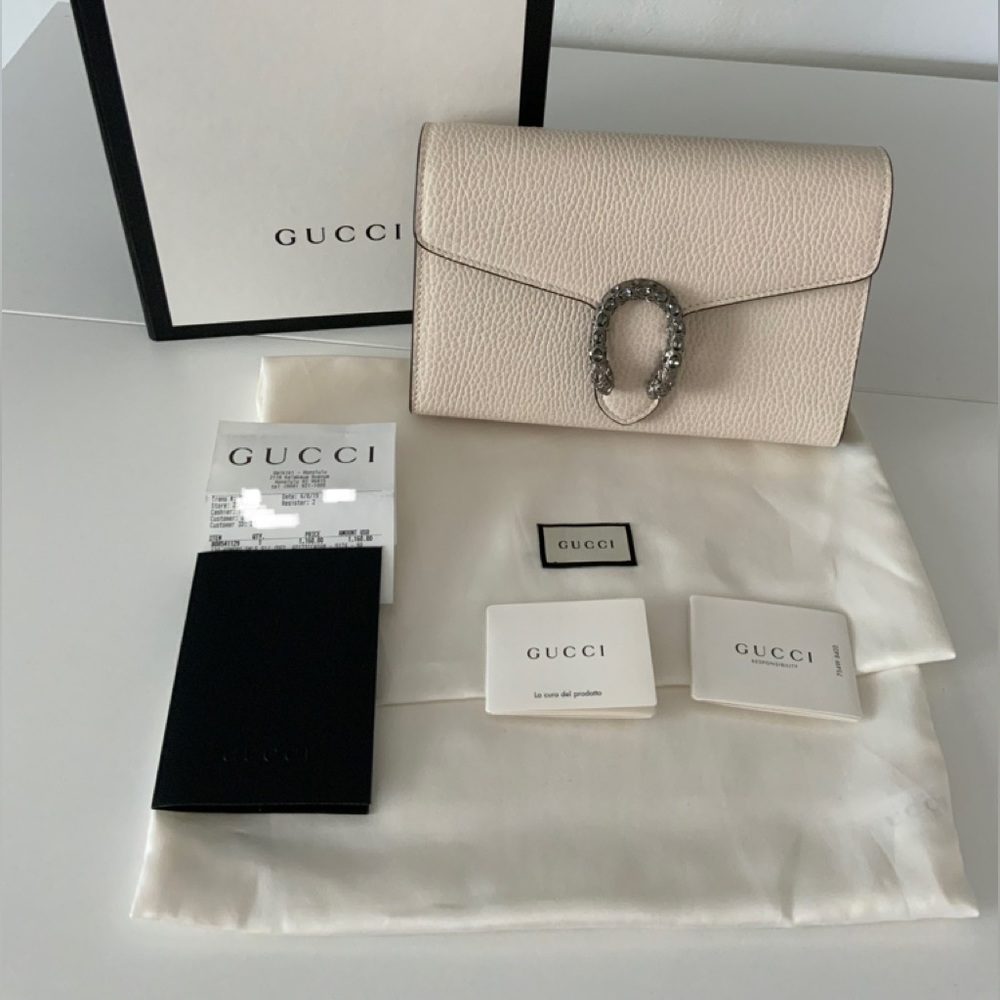 GUCCI DIONYSUS MINI LEATHER CHAIN WALLET WHITE